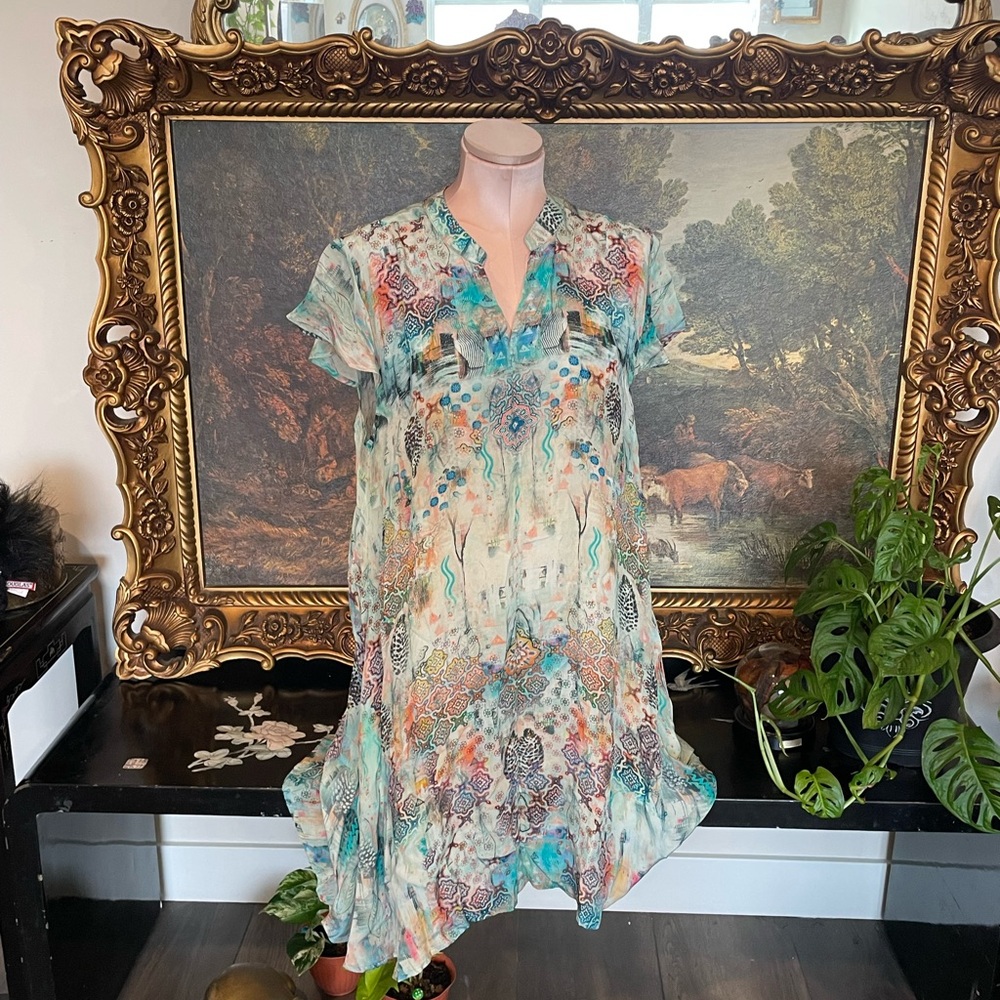 Sundance Tolani Feathers Jasmita Seafoam Shift Dress Size Small